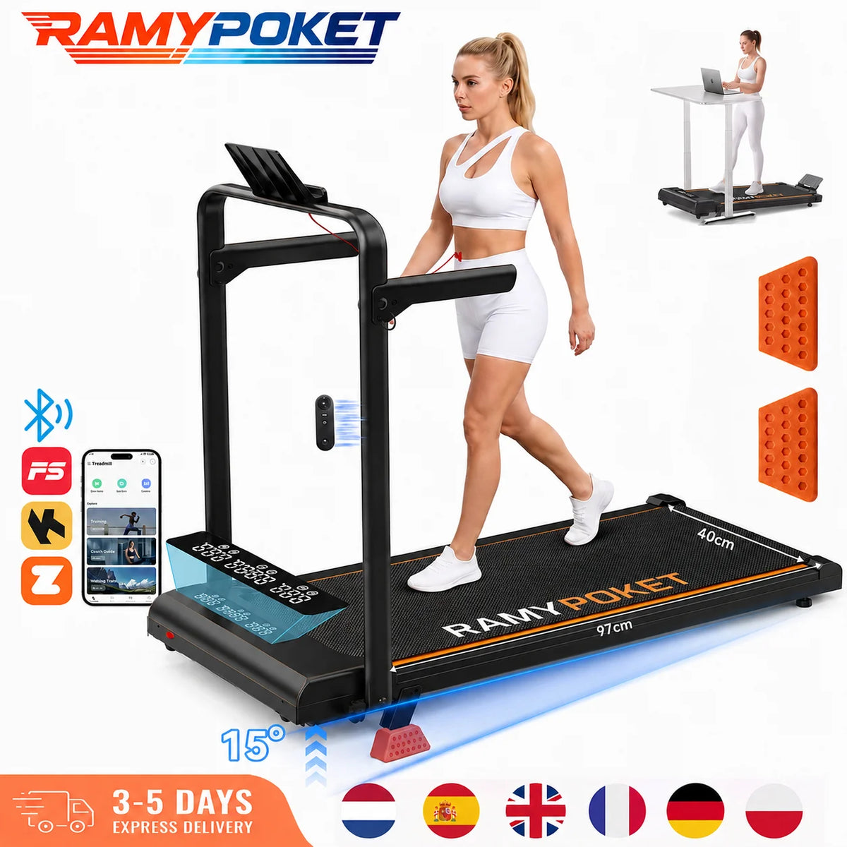 Ramypoket Tapis Roulant Pieghevole con Inclinazione 15%, Tapis Roulant 12Km/H, App/LED, Tapis Roulant da Ufficio, Carico Massimo 150kg