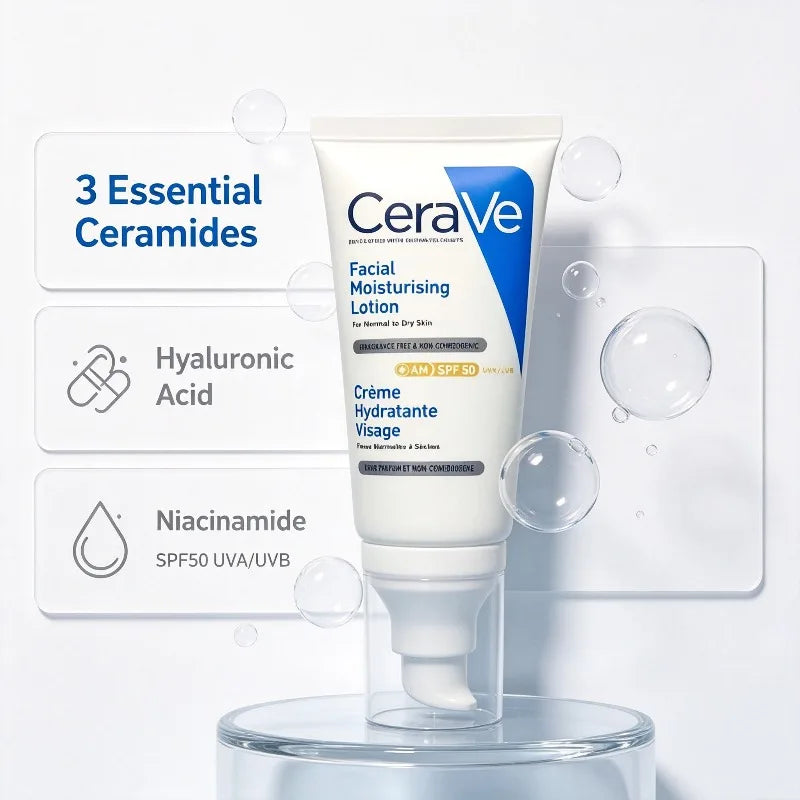 CeraVe Lozione AM SPF50 52ml, Cura Idratante a Lunga Durata per Pelle Normale e Secca