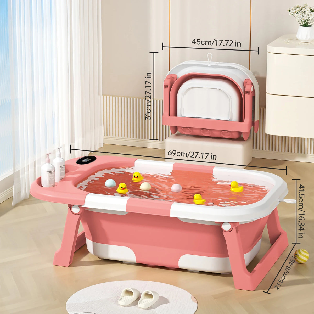 Vasca da bagno per neonati con foro di scarico, pieghevole, con cuscino morbido, portatile da viaggio, antiscivolo integrato