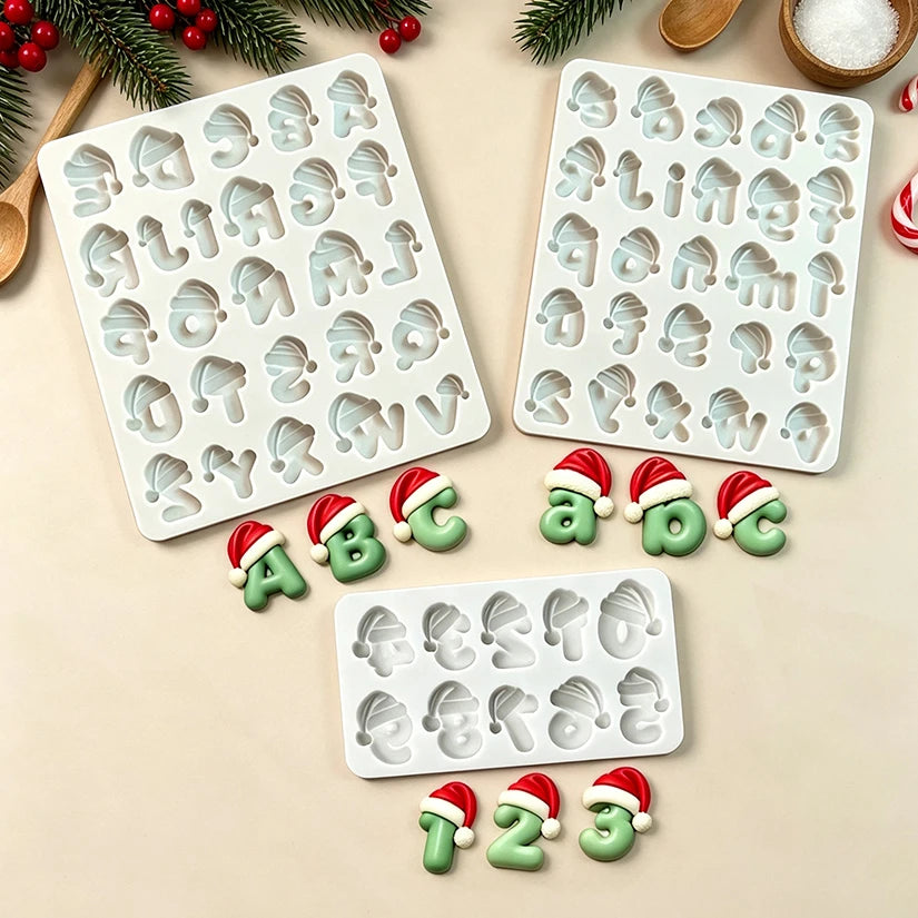 Stampo in silicone a forma di cappello di Babbo Natale con alfabeto e numeri per decorazioni in zucchero, resina, cupcake, pasticceria e decorazione di torte