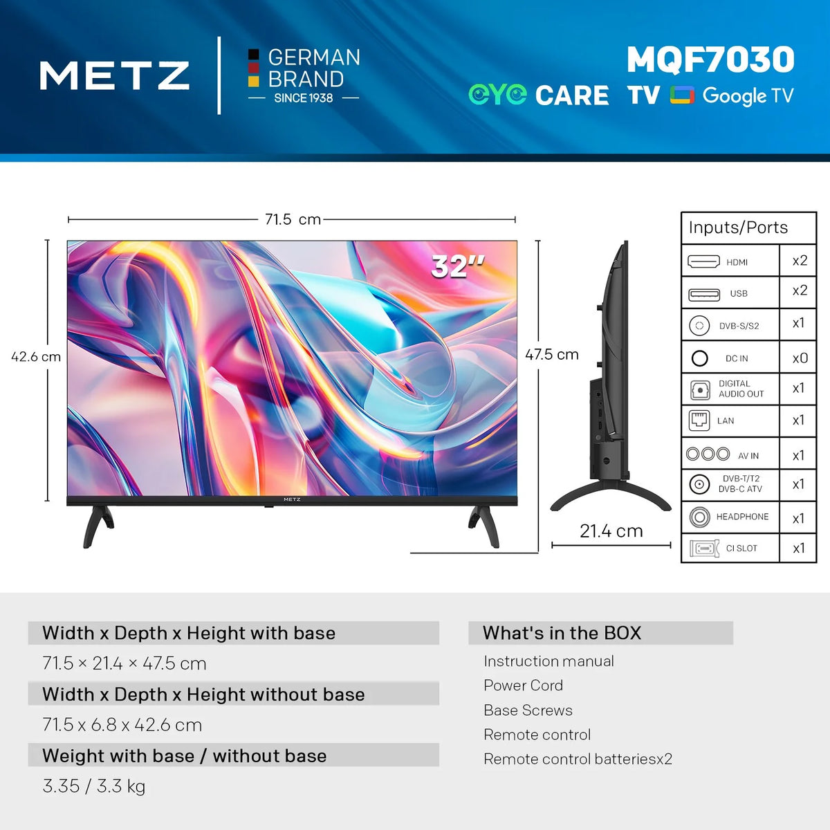 TV Smart LED Metz QLED 32" 40 Pollici Google Tele HDR 10 Audio Dolby Bluetooth 5.1 Sintonizzatore per la Salute degli Occhi 2025 32Mqf7030Z