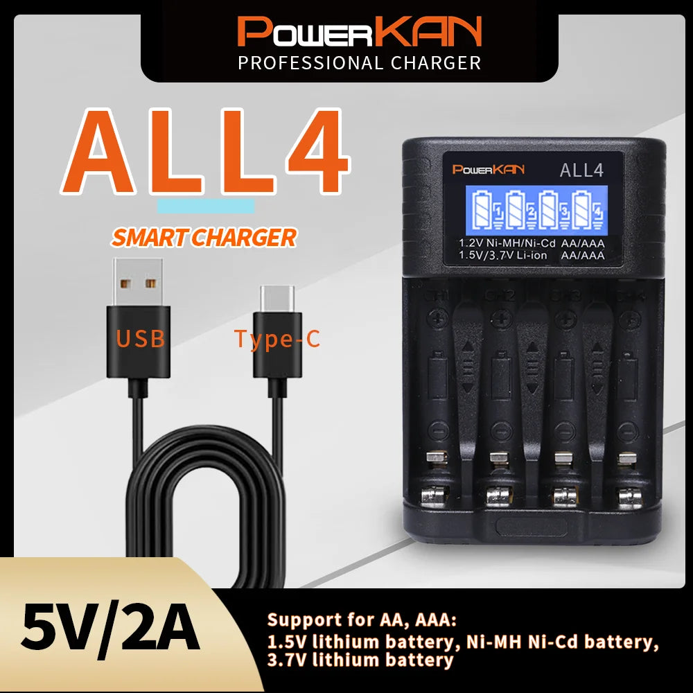 POWERKAN ALL4 AA/AAA Caricabatteria piccolo e conveniente a 4 slot per ioni di litio Hi-MH da 1,2 V e 1,5 V/3,7 V con schermo LCD
