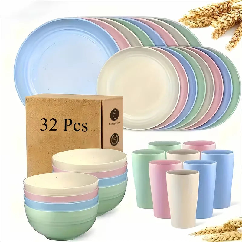 Set di Stoviglie in Plastica da 16/32 Pezzi, Include Piatti Piani, Piattini da Dessert, Ciotole e Tazze, per Uso Domestico e Ristorazione