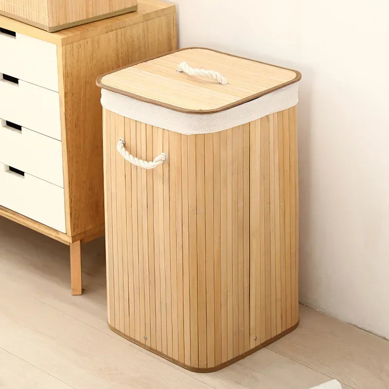 Cesto per Bucato Pieghevole di Grande Capacità, Contenitore in Bambù Rotondo per Organizzare Vestiti, Cesto Compatto per la Casa
