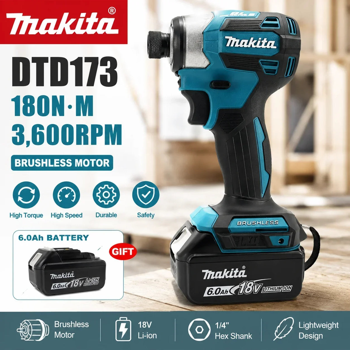 Avvitatore a impulsi Makita DTD173 senza fili 18V, cacciavite elettrico brushless 180N.m ad alta coppia 3600RPM, utensile elettrico compatibile con batterie Makita BL1860B BL1850B BL1840B BL1830B BL1815N LXT 18V, con kit cari