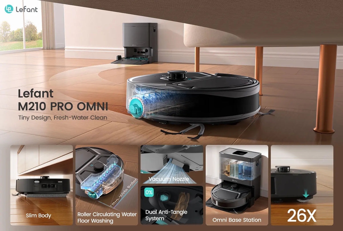 Robot aspirapolvere Lefant M265 con mappatura, 18000 Pa, rullo autopulente, lavaggio con acqua pulita, laser dToF, evita PSD, anti-groviglio, compatto, WiFi 2.4G/5G/Alexa/APP