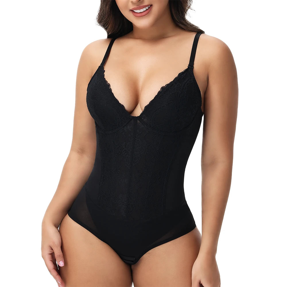 Body modellante in pizzo da donna con ferretto, controllo della pancia, modellante per tutto il corpo, corsetto con scollo a V, top, tuta, slip, lingerie, abbigliamento sexy