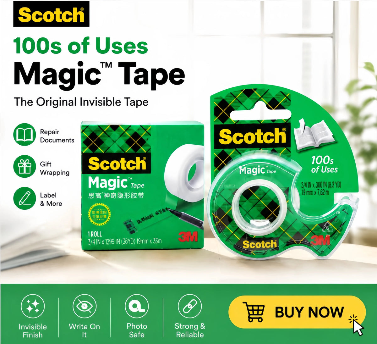 Nastro Adesivo Invisibile Originale 3M Scotch 810 con Dispenser e Rotolo di Ricambio 19mmx33m per Ufficio e Scuola