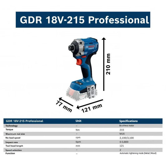 Bosch GDR 18V-215 Avvitatore a Impulsi Brushless 18V 215Nm Alta Coppia Cacciavite Elettrico Senza Fili Utensile Elettrico Professionale