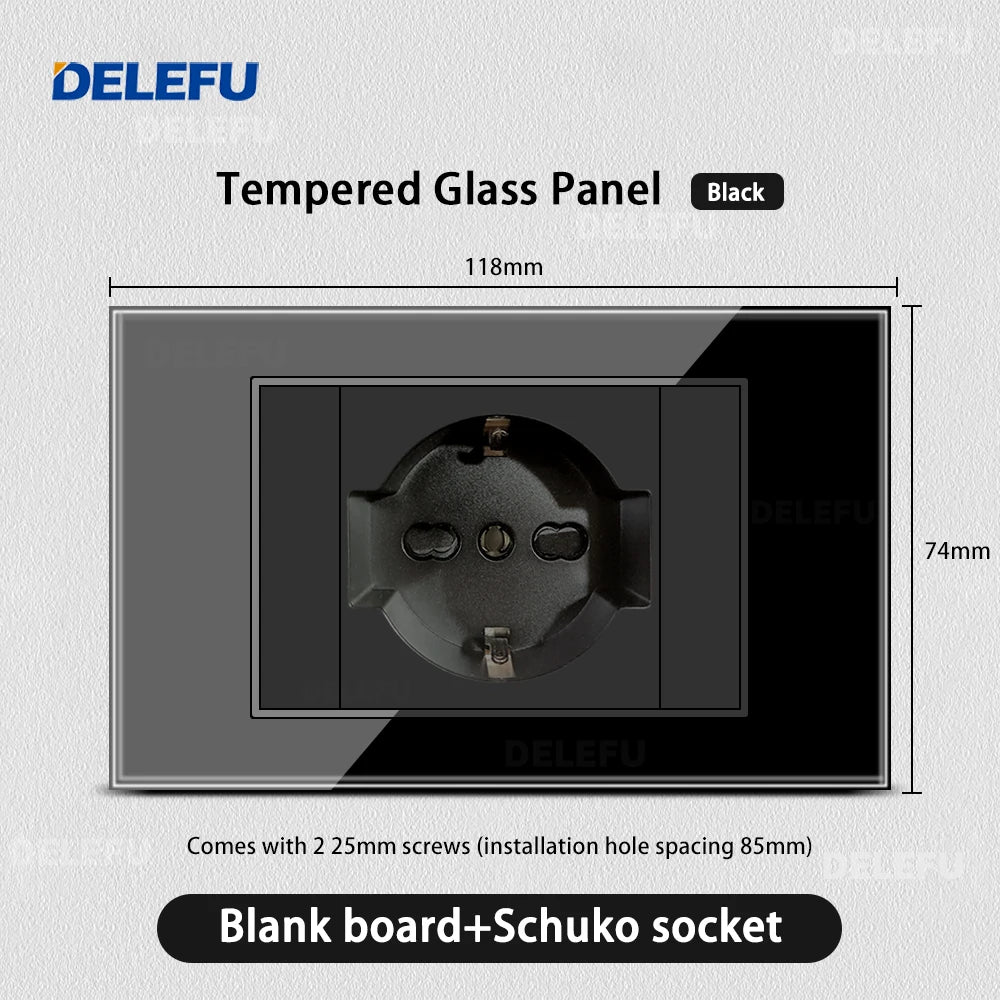 DELEFU Presa a Muro in Vetro Temperato Nero con USB Type-C per Ricarica Rapida, Interruttore Schuko, TV Sat, Telefono, Campanello, Italia/Cile