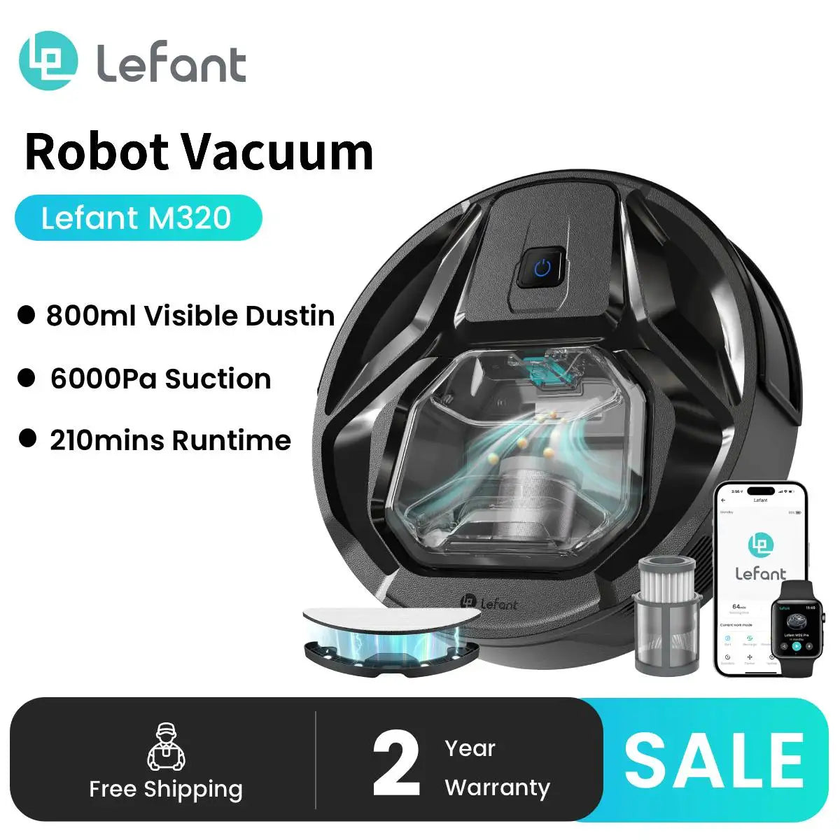 Robot Aspirapolvere Lefant M320 con Funzione Lavapavimenti, Potente Aspirazione 6000Pa, Contenitore Polvere Visibile, Rilevamento Tappeti, Controllo Vocale Alexa