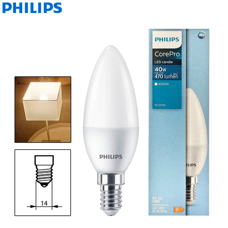 Lampadina LED Philips CorePro E14 B35 5W (=40W) Satinata 4000K Luce Bianca Naturale Comfort AC 220V-240V Lampada LED Originale per Interni