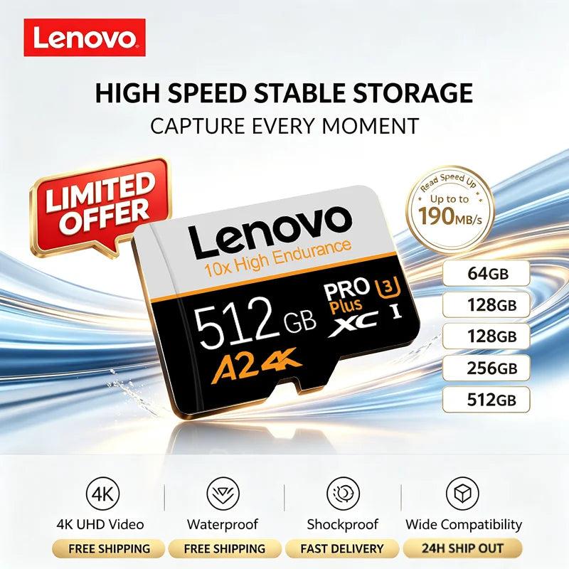 Scheda di memoria Micro SDXC UHS-I ad alta velocità Lenovo, 512 GB/1 TB, 256 GB, classe 10, V30, scheda TF Flash A2 per smartphone, fotocamere e droni.