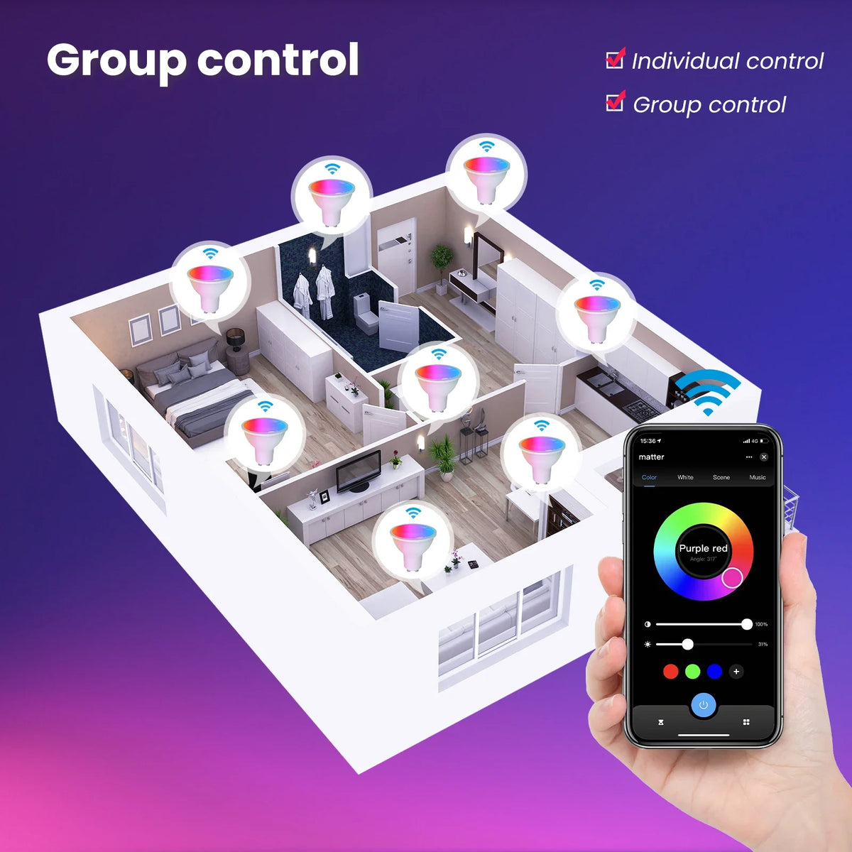 MOES Tuya Matter WiFi GU10 Lampadina intelligente Dimmerabile Luce a Led 16 milioni di colori RGB C + W Lampada a candela Controllo vocale Alexa Google Home