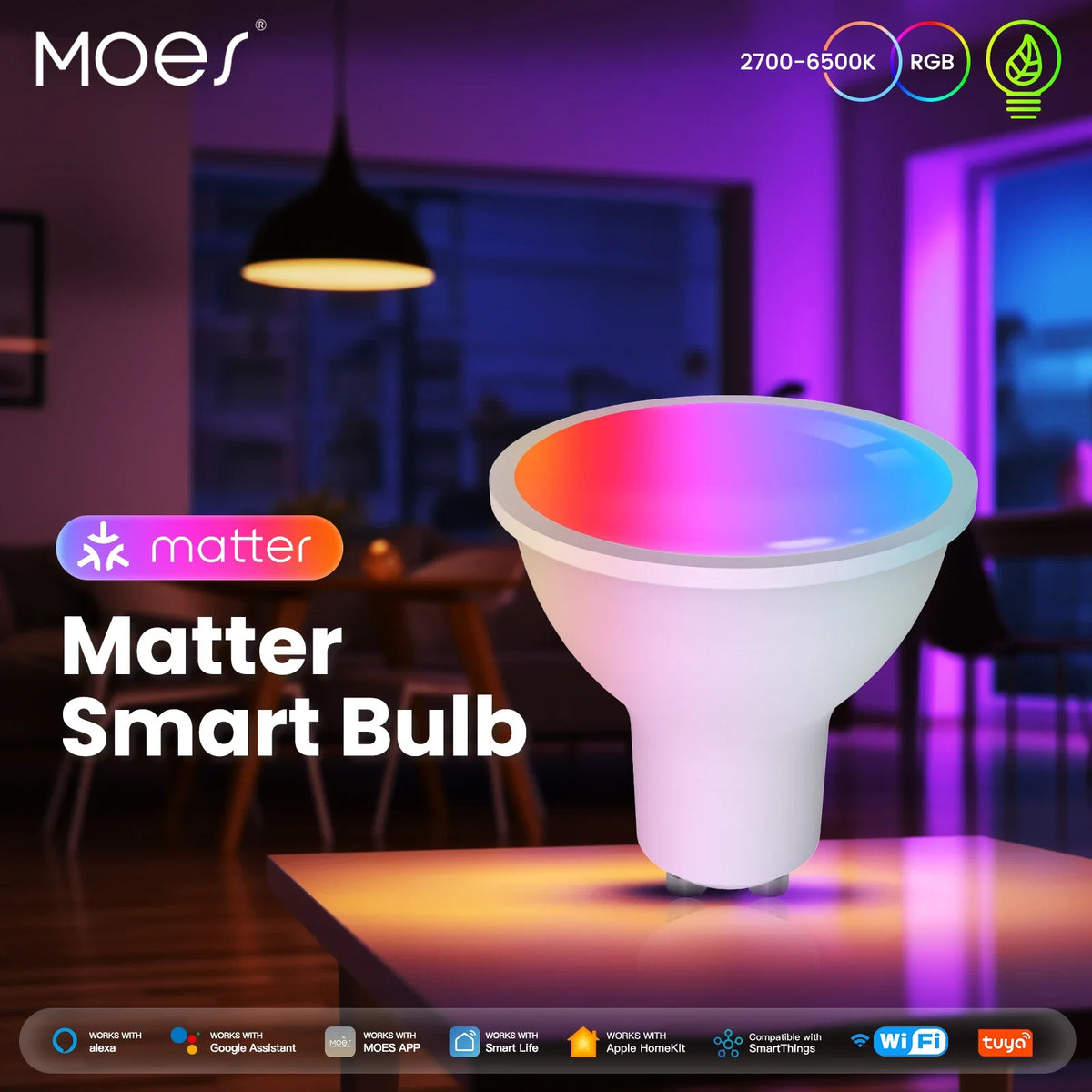 MOES Tuya Matter WiFi GU10 Lampadina intelligente Dimmerabile Luce a Led 16 milioni di colori RGB C + W Lampada a candela Controllo vocale Alexa Google Home