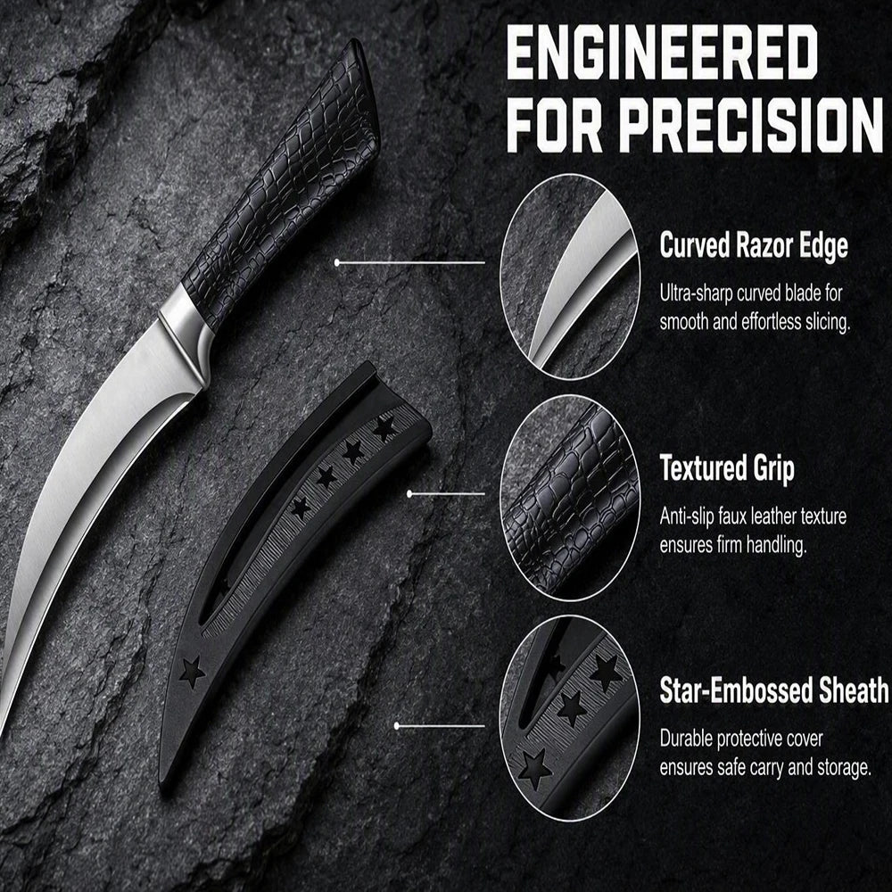 Coltello da cucina professionale in acciaio inossidabile. Coltello affilato per tagliare carne e verdure. Manico antiscivolo con fodero.