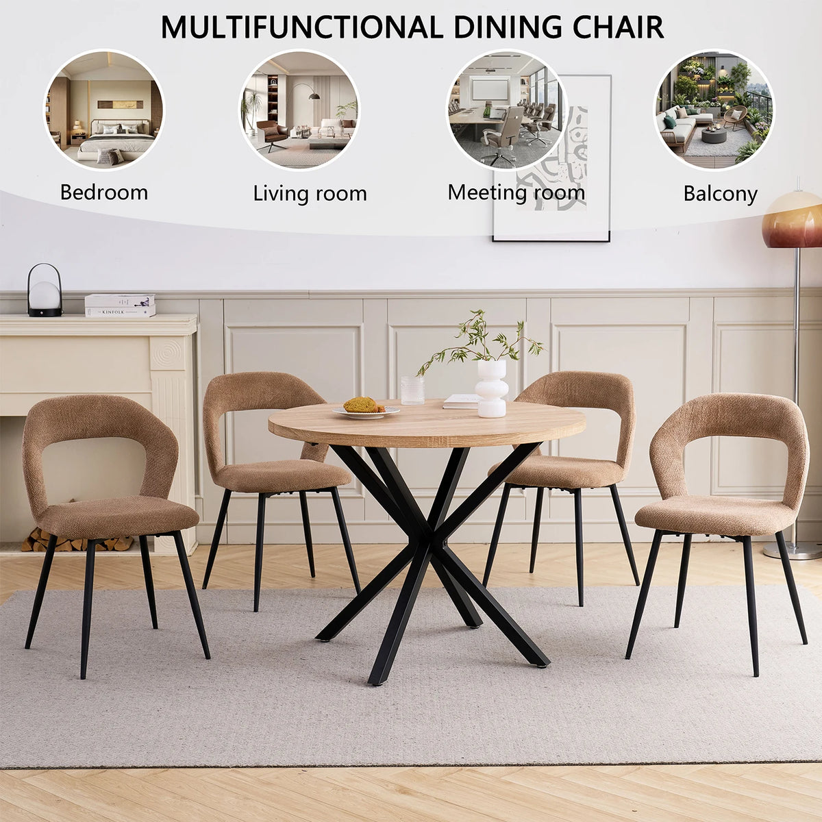 EGOONM Set di 4 Sedie da Pranzo Moderne con Schienale Cavo, Sedie Laterali Imbottite in Tessuto, Gambe in Metallo Nero, Sedie d'Accento per Cucina e Caffè