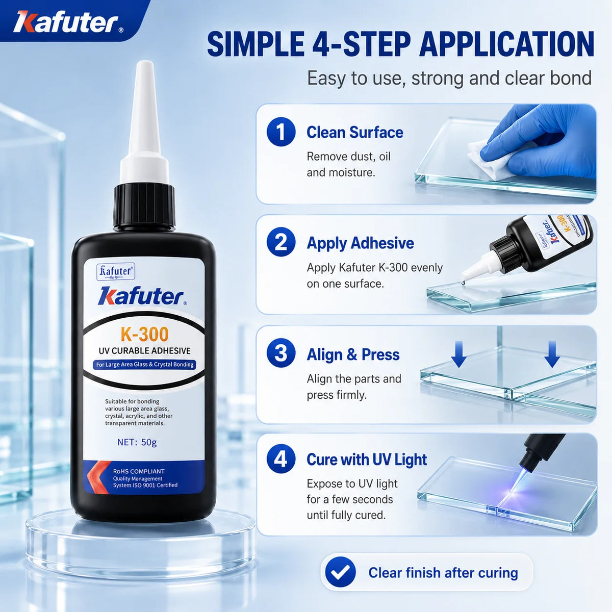 Adesivo UV Kafuter K-300 K-302 K-303 K-306, Colla Trasparente per Vetro, Acrilico e Cristallo, per Riparazioni Fai-da-Te, 50g