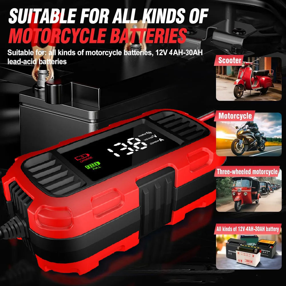 Caricabatterie Intelligente Digitale per Manutenzione Batterie al Piombo-Acido per Auto, Moto e Scooter
