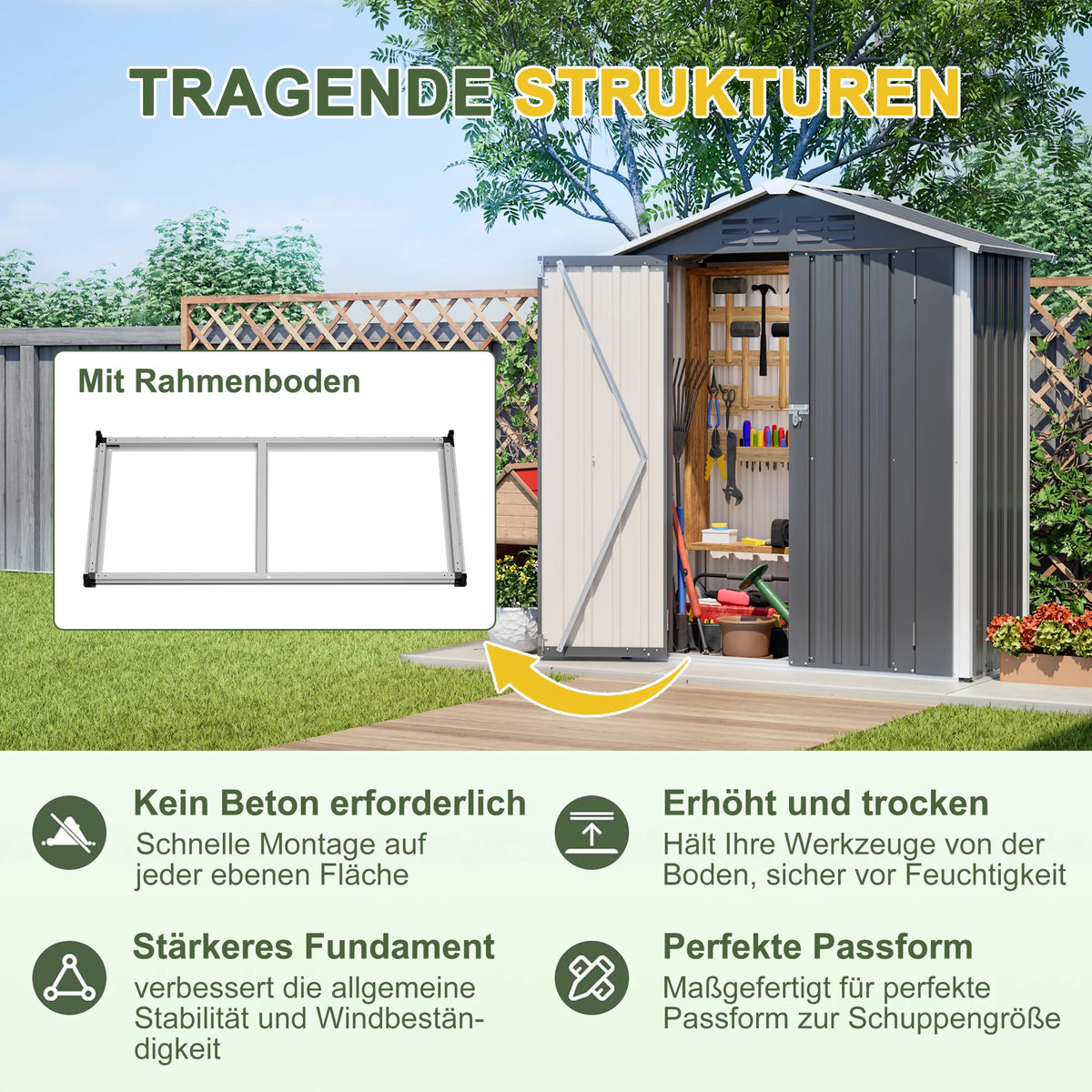 Casetta da Giardino in Metallo 5x2.6FT, Mini Capanno Multiuso per Esterni con Base e Porta Chiudibile a Chiave per Attrezzi, Cuccia per Animali, Bidone della Spazzatura, Cortile