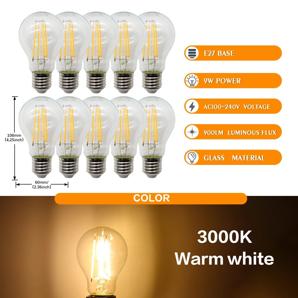 10 Lampadine LED E27 2200K 3000K 4000K 6000K AC100-240V Rosso Verde Illuminazione Colorata di Alta Qualità in Vetro PC per Arredamento Casa