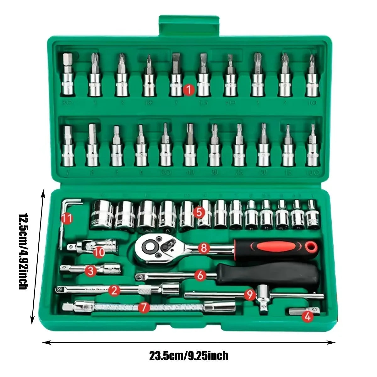 Kit di Riparazione Auto da 46 Pezzi con Attrezzi a Cricchetto Verdi per Manutenzione Veicoli