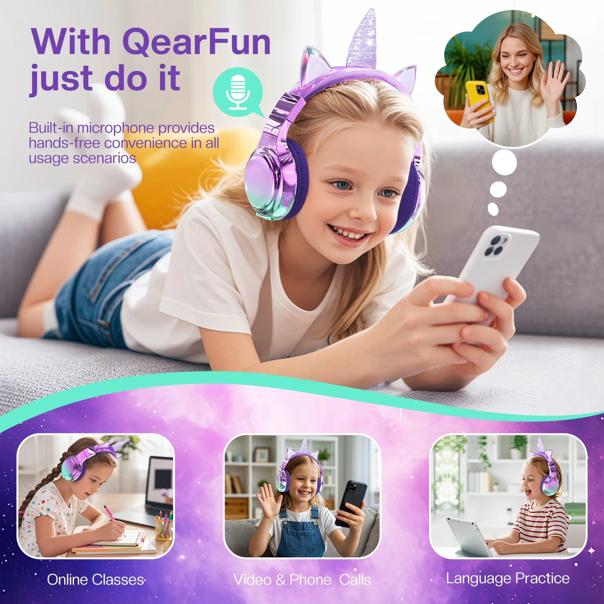 Cuffie wireless Unicorno per bambini Ragazze Auricolari Bluetooth Cuffie pieghevoli con orecchie di gatto per viaggi scolastici Cuffie per bambini