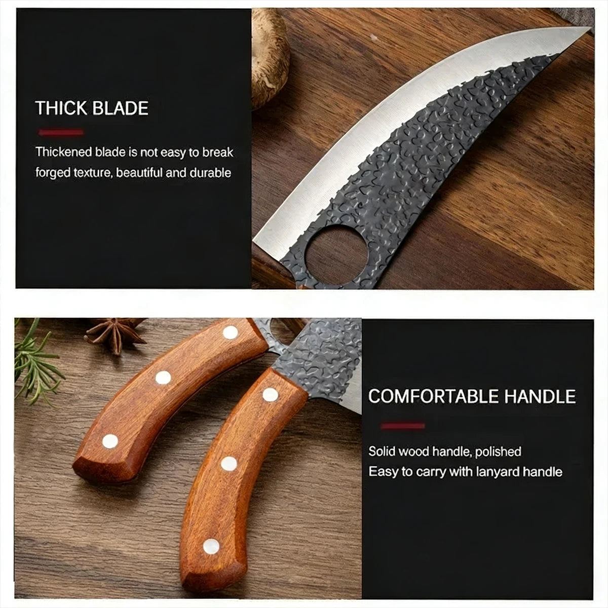 Coltello da Macellaio Professionale Forgiato a Mano con Manico in Legno, Coltello da Disosso in Acciaio Inossidabile, Coltello da Cucina Full Tang