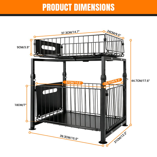 Organizzatore e Scaffale Sotto Lavello a 2 Livelli con Cassetto Estraibile - Scaffale da Cucina in Metallo Resistente, Altezza Regolabile, Organizzatore per Armadio da Bagno - Scaffale Salvaspazio (Nero)