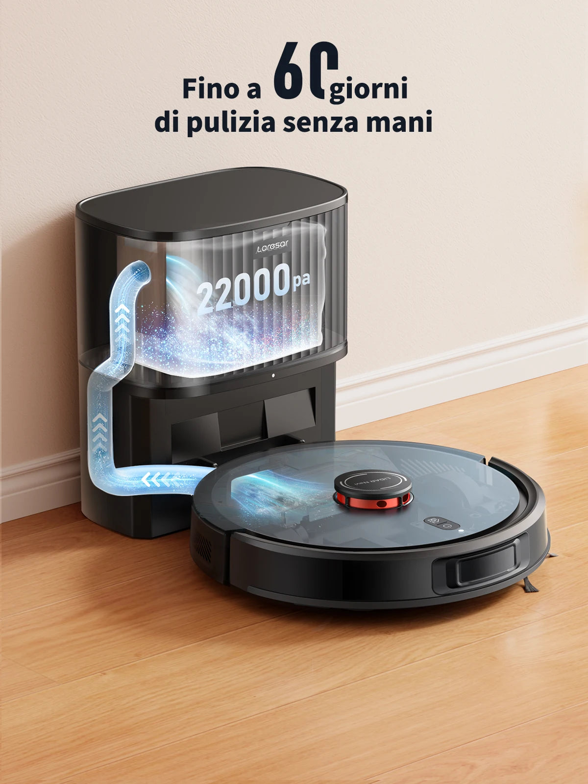 Laresar L20 Robot Aspirapolvere con 5000Pa di Aspirazione, Navigazione LDS, Stazione di Svuotamento Automatico, Controllo Smart APP per Pavimenti e Tappeti