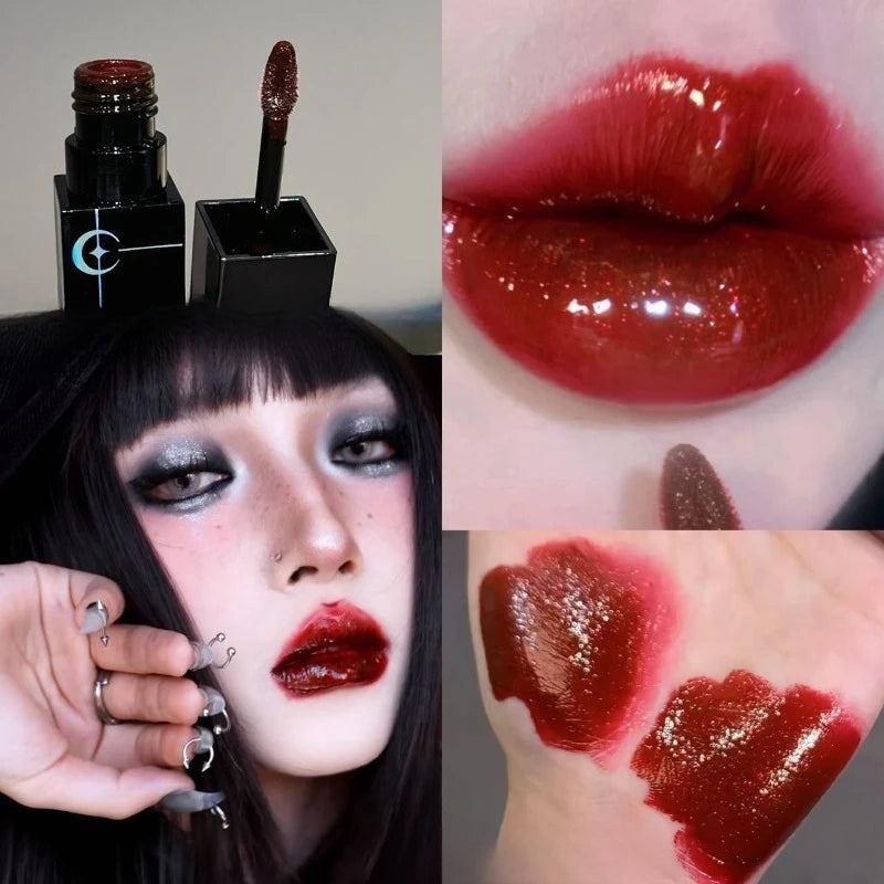 Rossetto Nero Opaco Scintillante Rosso, Lucidalabbra Punk Gotico, Trucco di Halloween, Rossetto in Mousse, Rossetto Impermeabile Anti-sbavature, Tinta Labbra