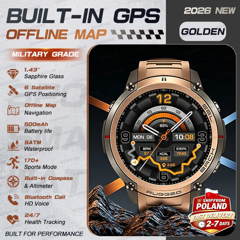 2026 NUOVO Smartwatch con Mappe Offline per Uomo, Display AMOLED HD da 1,43 Pollici, GPS Esterno Integrato, Bussola, Altimetro, Impermeabile 5ATM, Orologio Sportivo per Nuoto, Ciclismo e Corsa