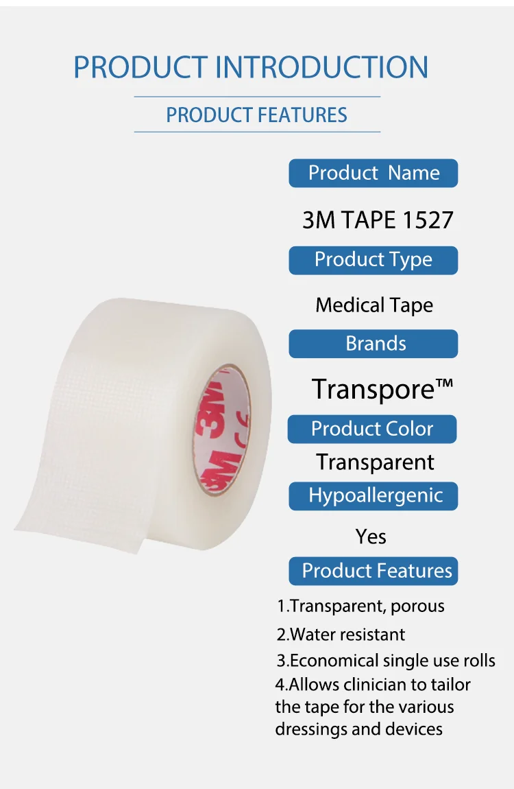 Nastro chirurgico transporoso originale 3M Serie 1527 Nastro ipoallergenico in plastica porosa trasparente resistente all'acqua
