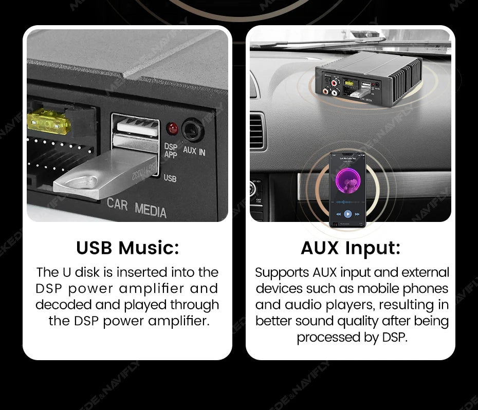 Amplificatore DSP per auto MEKEDE 4*80 W, compatibile con autoradio Android, regolazione EQ tramite app, plug-and-play, supporto fibra ottica/coassiale/AUX/RCA/USB