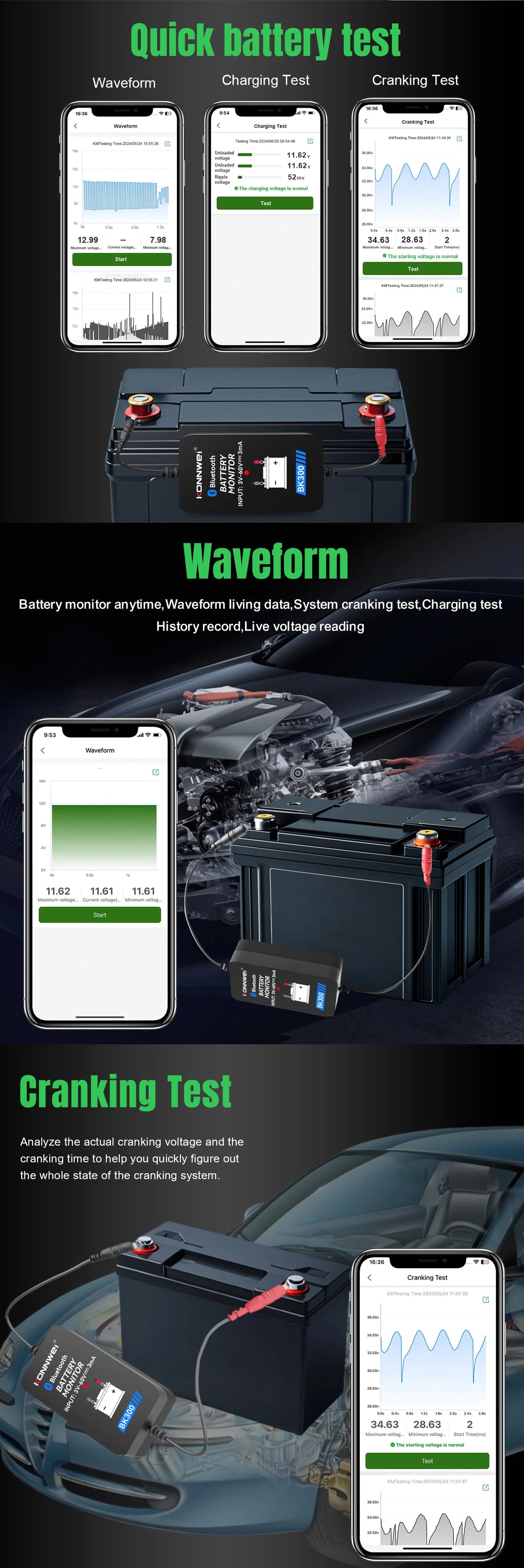 KONNWEI BK300 Tester Bluetooth per Batterie Auto 6V/12V/24V con App Mobile per Auto, Camper, Moto, Camion e Barche