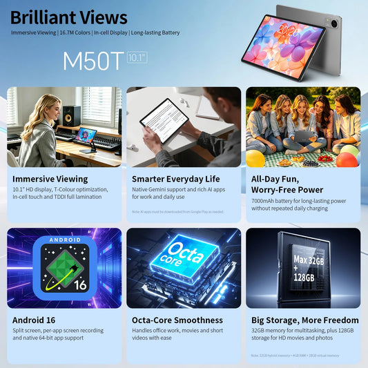 Tablet Teclast M50T 2026 da 10.1" IPS, Gemini AI, Android 16, fino a 32 GB RAM (4+28 GB virtuali), 128 GB ROM, ottacore A537, batteria 7000mAh, Type-C, microSD espandibile fino a 1 TB e Wi-Fi 6