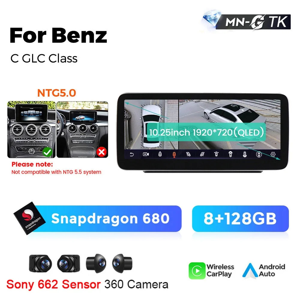 MEKEDE 10.25/12.3” QLED Snapdragon 4G Wireless CarPlay Auto per Mercedes Benz Classe C W205 S205 2014-2018 Lettore multimediale per auto