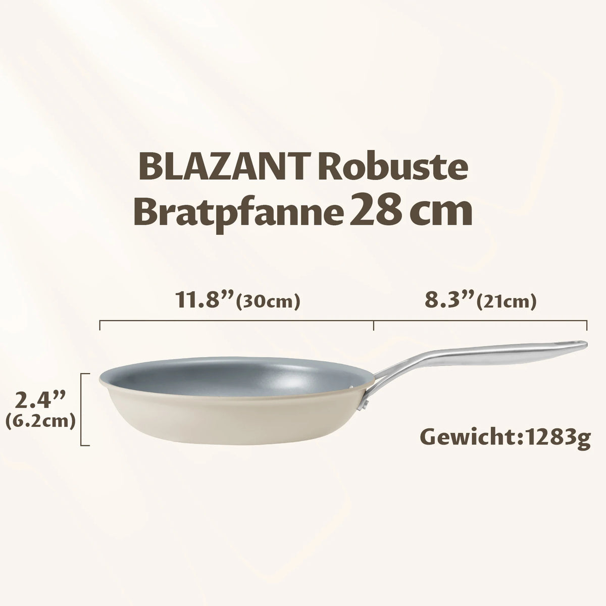 Padella in ceramica a induzione 28 cm con manico in acciaio fuso, beige, padella in ceramica senza PTFE e PFOA, padella in ceramica a induzione 28 cm, non-s