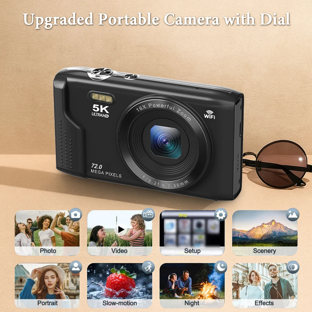 Ourlife Fotocamera digitale compatta 5K 72MP Schermo LCD da 2,8 '' Zoom digitale 16X Fotografia vintage Videoregistratore Vlog YouTube