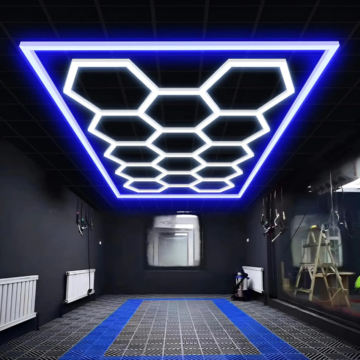 14 griglie con telaio luci da garage esagonali 6500K 672W a nido d'ape led per officina barbiere palestra soffitto negozio seminterrato
