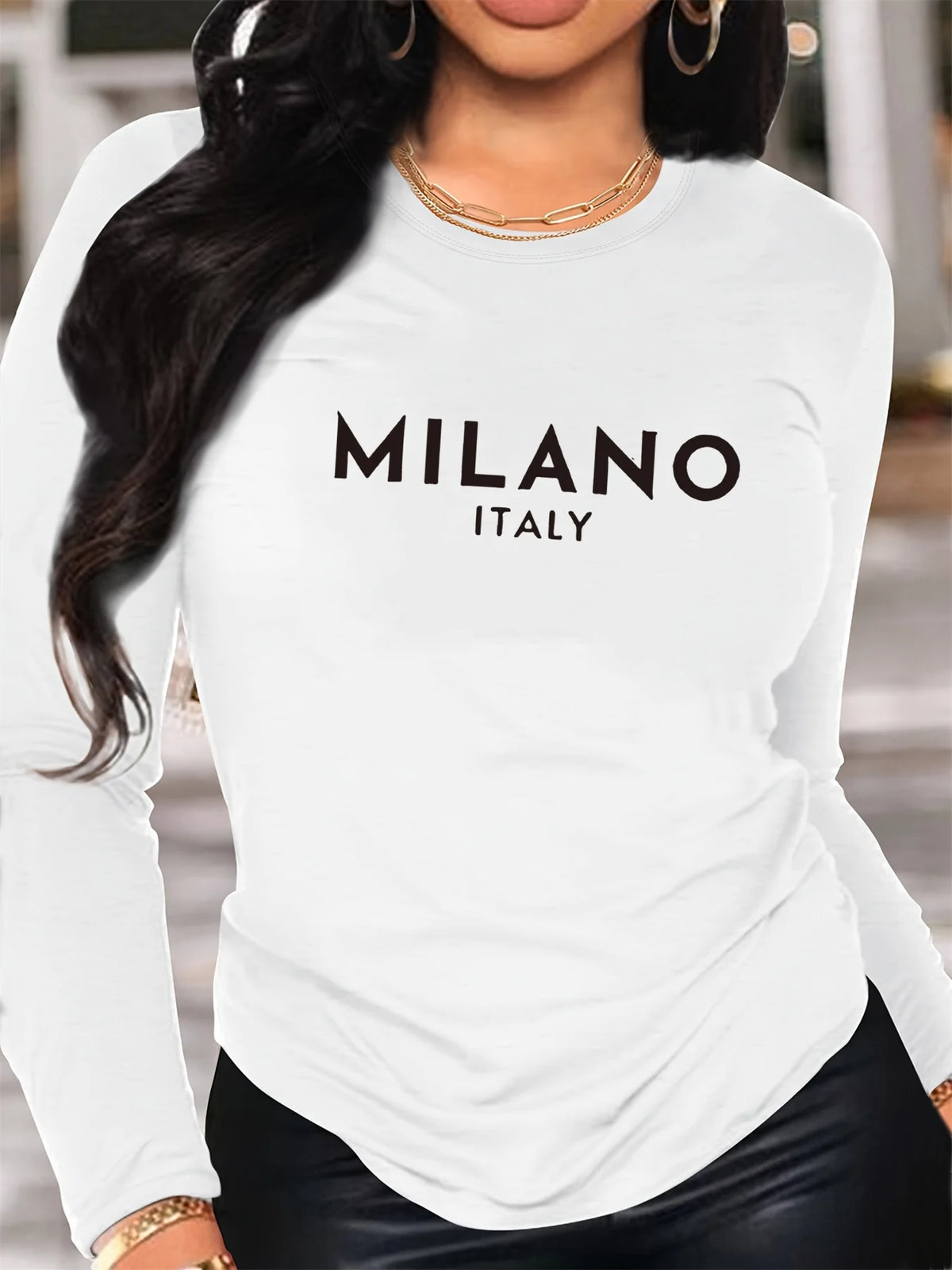 T-Shirt da Donna 100% Cotone Puro, Manica Lunga, Stampa MILANO ITALIA, Collo Tondo, Comoda e Casual per Primavera e Autunno