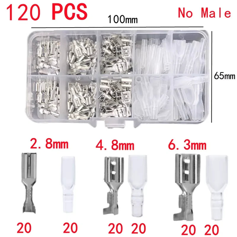 Confezione da 120 pezzi, terminale a crimpare oro/argento, femmina 2,8/4,8/6,3 mm senza maschio, connettore cavo, terminali elettrici
