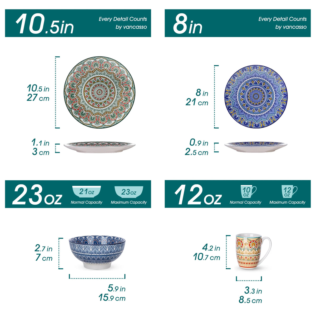 Vancasso 16/32 pezzi piatto ceramico set di stoviglie in porcellana con motivo mandala bohémien con piatto piano, piatto da dessert, ciotola, tazza