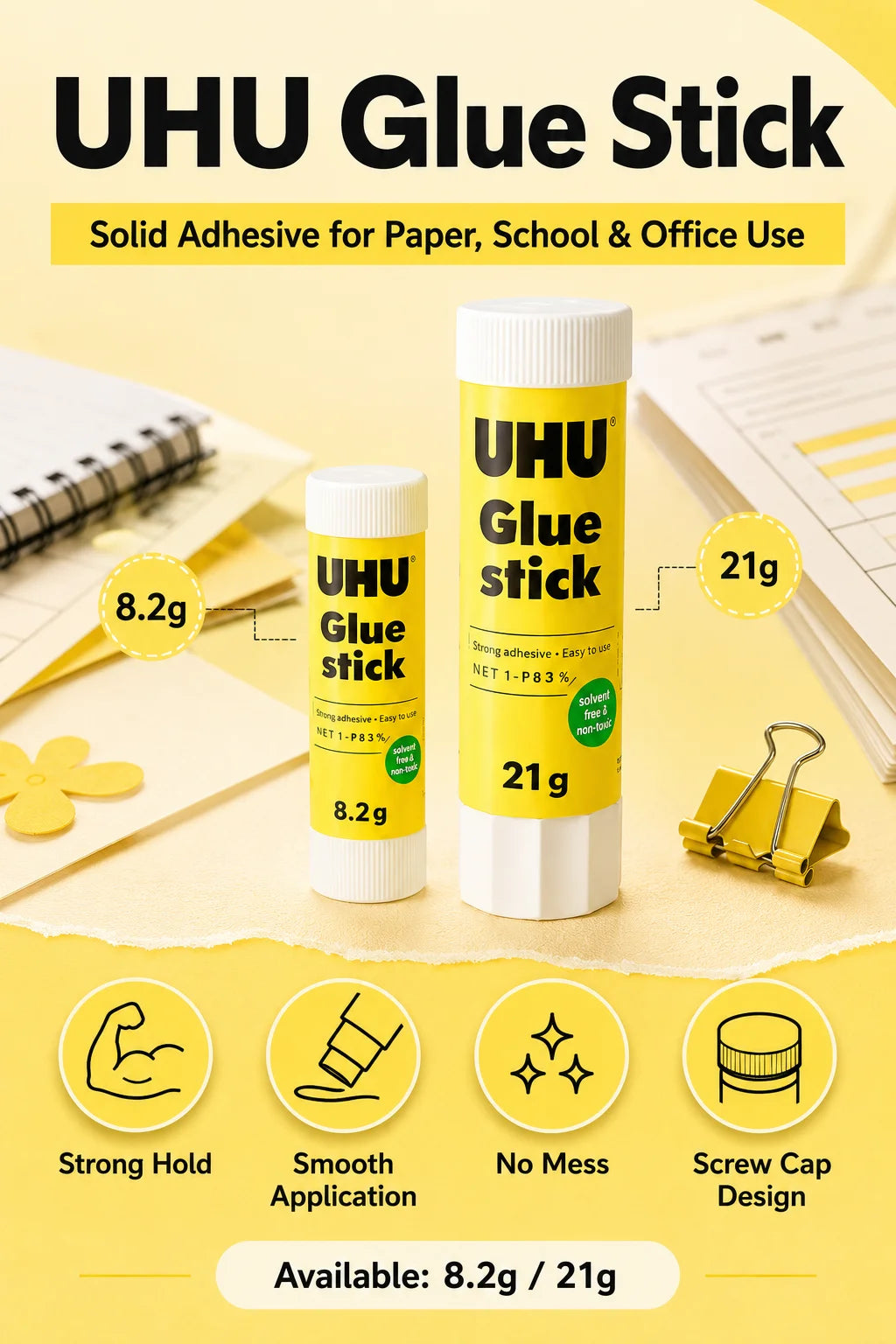 Colla stick UHU 8.2g 21g, colla solida forte, senza disordine, per scuola, ufficio, artigianato, carta.
