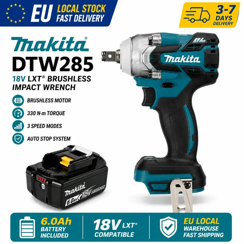 Makita DTW285 Avvitatore a Impulsi 18V 320N·m Senza Spazzole Senza Fili + Batteria 6.0Ah Utensile Elettrico ad Alta Coppia Disponibilità EU Spedizione 1-3 Giorni