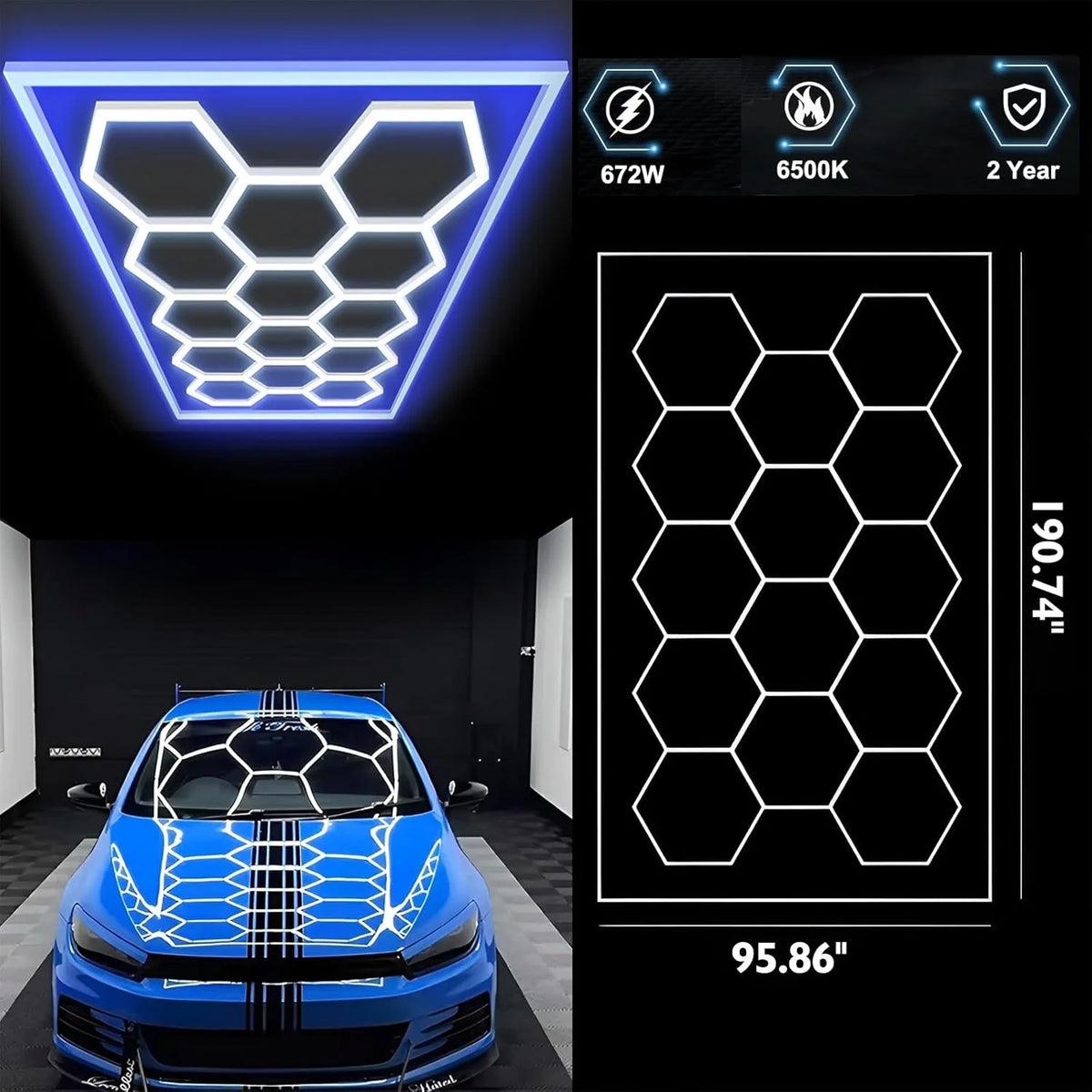 14 griglie con telaio luci da garage esagonali 6500K 672W a nido d'ape led per officina barbiere palestra soffitto negozio seminterrato