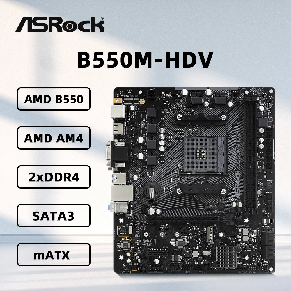 Scheda madre ASRock B550M-HDV, socket AM4, DDR4, 4733 MHz, 128 GB, PCIe 4.0, NVME M.2, formato MATX, compatibile con CPU Ryzen 5 5600, 5600G, 5700X3D, 5800X.