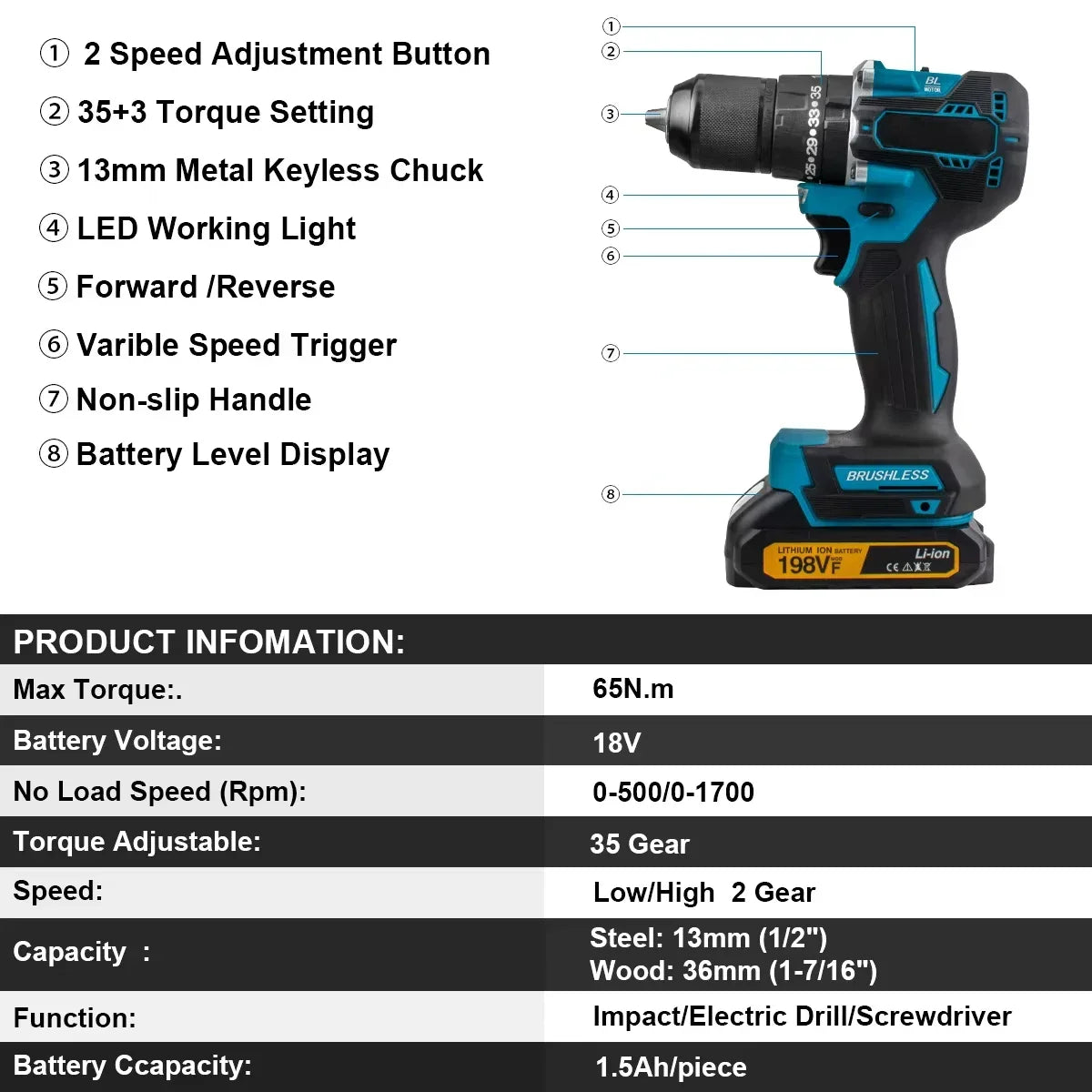 Trapano avvitatore a percussione Makita DDF487 da 13 mm, brushless, per uso domestico, 18V agli ioni di litio, con elevata coppia, compatibile con batteria Makita 18V.
