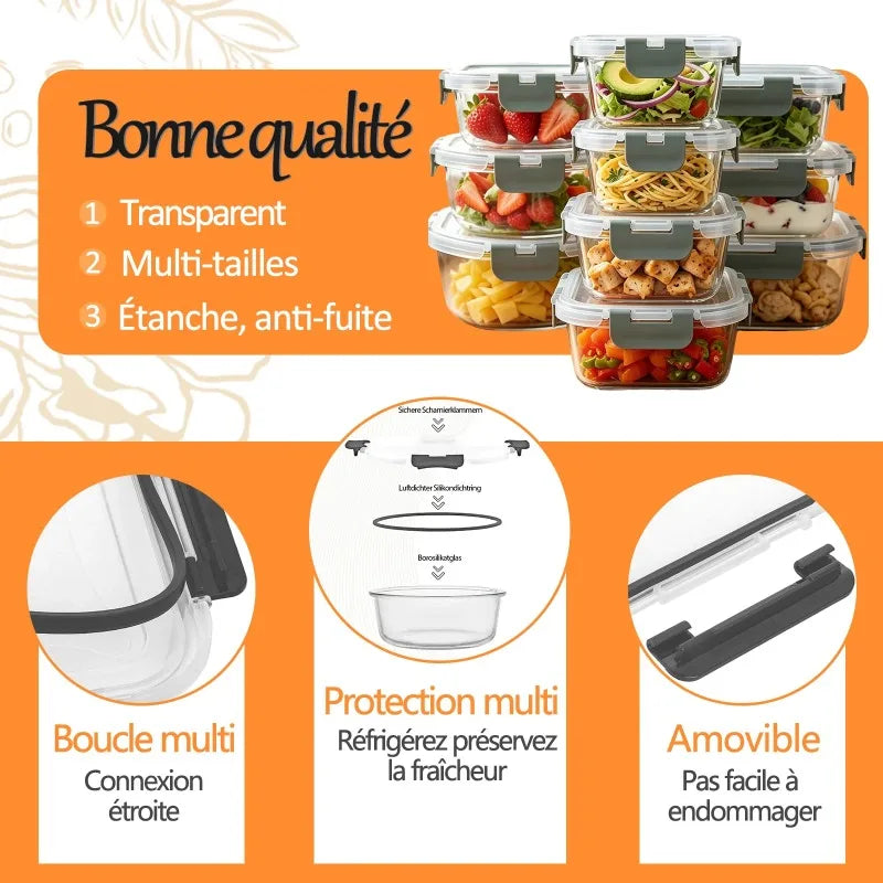 Set di 12+4 Contenitori in Vetro per Alimenti con Coperchi Ermetici, Contenitori Impilabili a Prova di Perdite per Preparazione Pasti, Scatole in Vetro Sicure per Frutta, Verdura, Cibi Cotti, Organizzazione Dispensa
