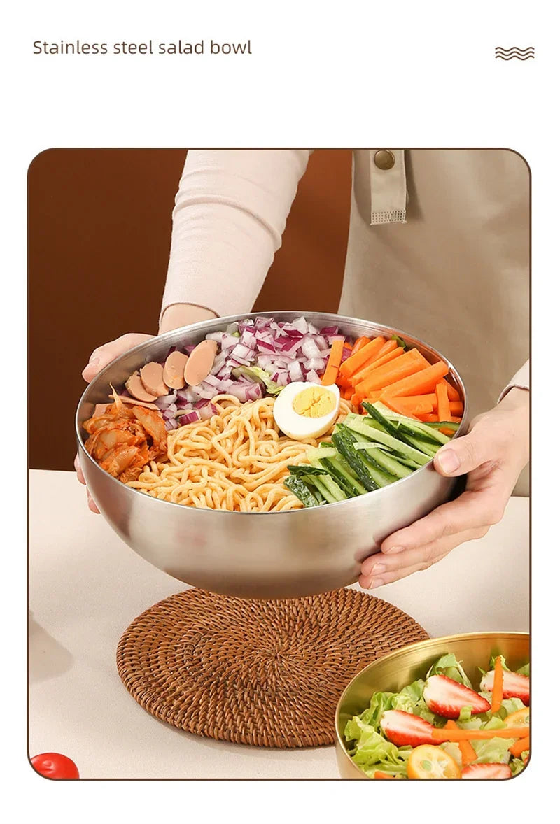 Ciotole per insalata di frutta in acciaio inossidabile spesso 15 cm/20 cm/25 cm Zuppa di riso Noodle Ramen Ciotola Ciotole per miscelazione Contenitore per alimenti Stoviglie da cucina